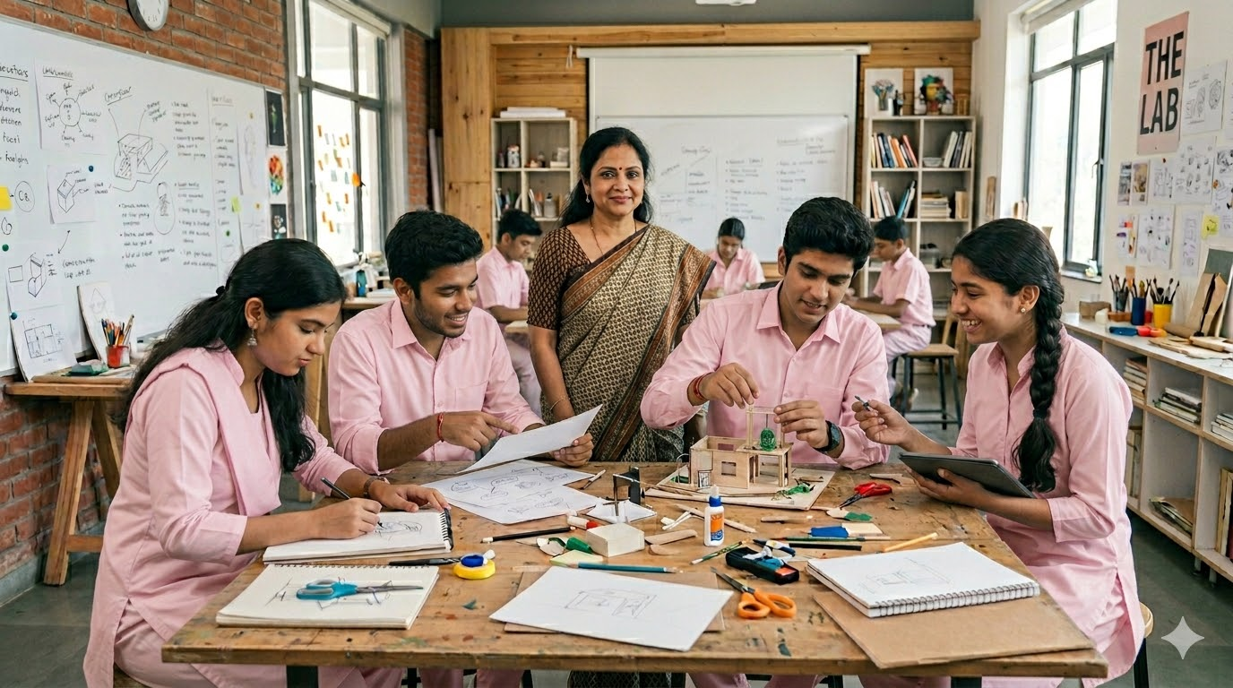 Students doing creative art and craft work in school lab