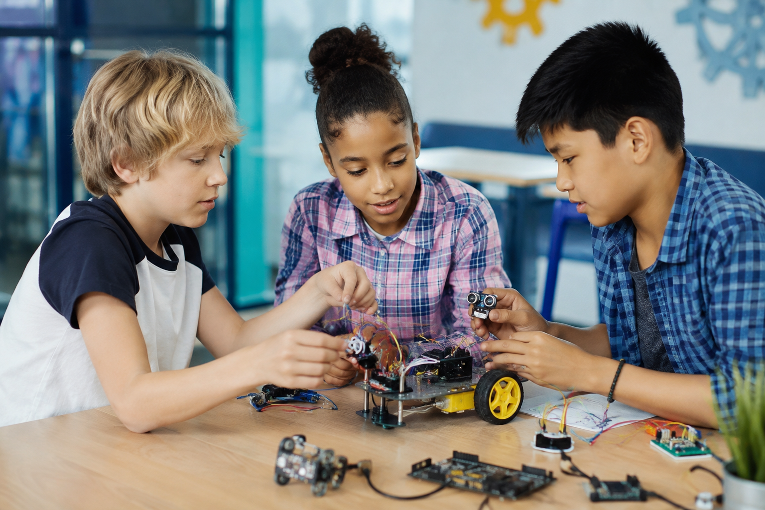 Students learning robotics and technology together